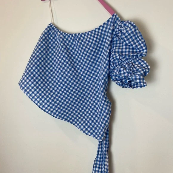 EEUC ROMWE One Shoulder Puff Sleeve Gingham Top - Picture 8 of 13